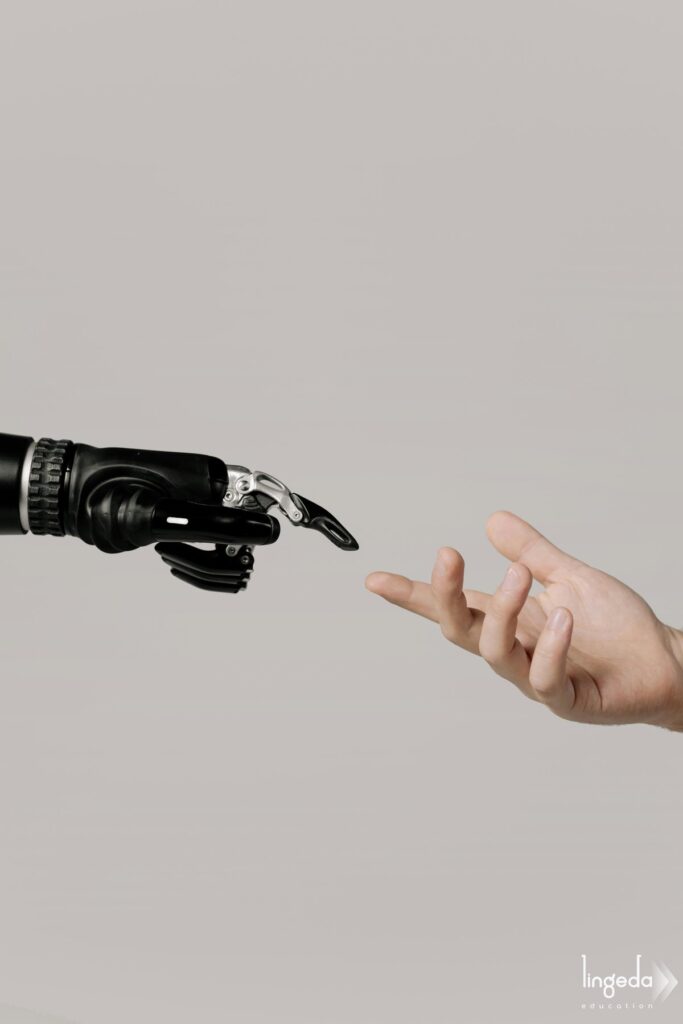 Learner interacting with AI language assistant on screen